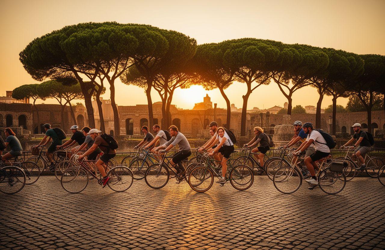 Ciclisti che pedalano lungo l'Appia Antica al tramonto